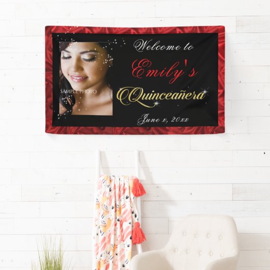 キンセアニェラ金ゴールドスパークル赤いサテンのカスタム写真、 横断幕