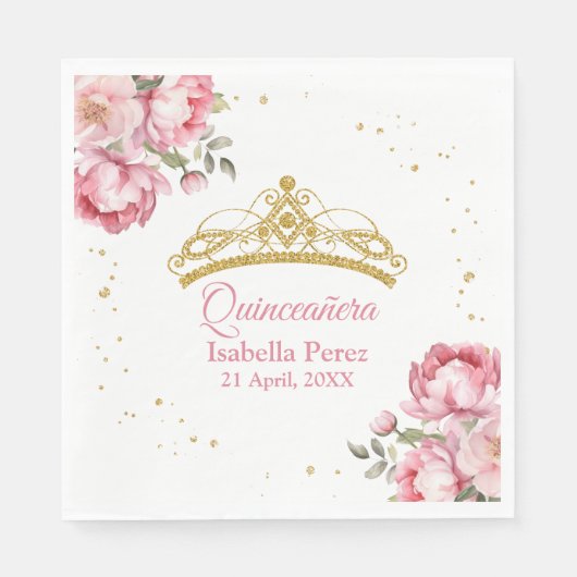 キンセアニェラ金ゴールドティアラグリッターアンドピンクフローラ スタンダードランチョンナプキン (正面)