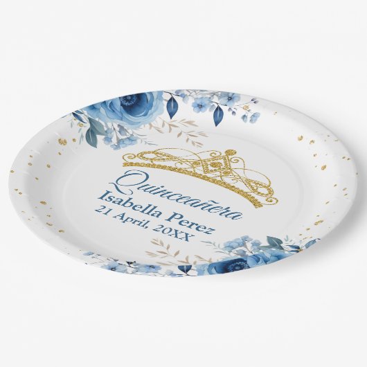 キンセアニェラ金ゴールドティアラグリッターアンドブルーフローラ ペーパープレート (アングル)