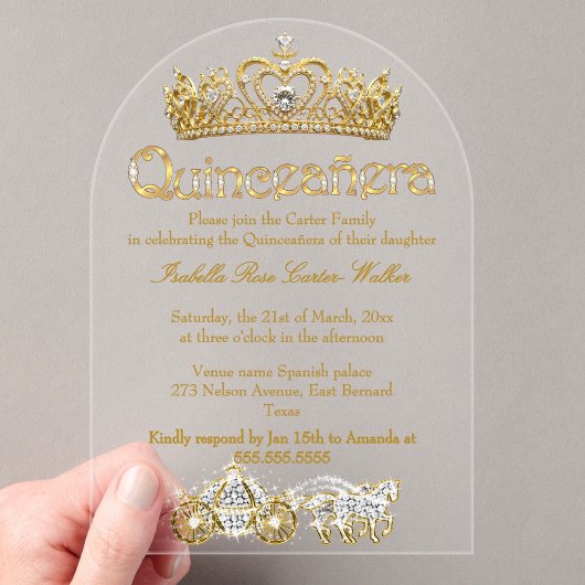 キンセアニェラ金ゴールドティアラダイヤモンドプリンセスキャリッジ アクリル招待状