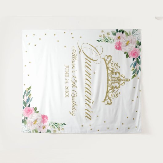 キンセアニェラ金ゴールドティアラホットピンクフローラ背景 タペストリー (正面(横))