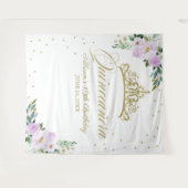 キンセアニェラ金ゴールドティアラ薄紫フローラ背景 タペストリー (正面(横))