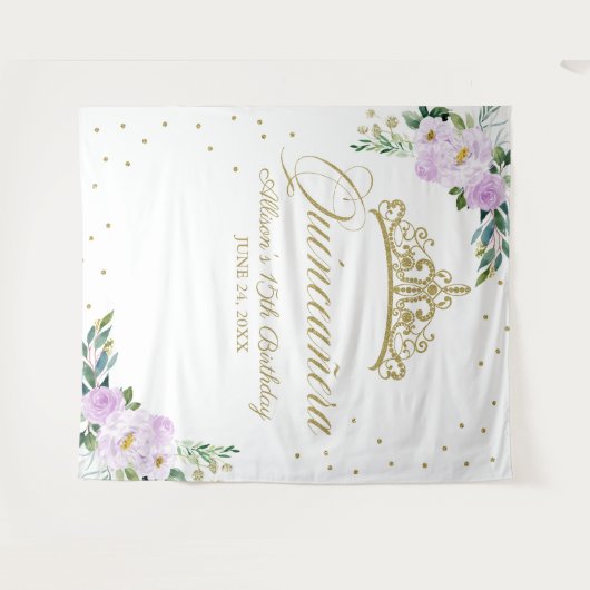 キンセアニェラ金ゴールドティアラ薄紫フローラ背景 タペストリー (正面(横))