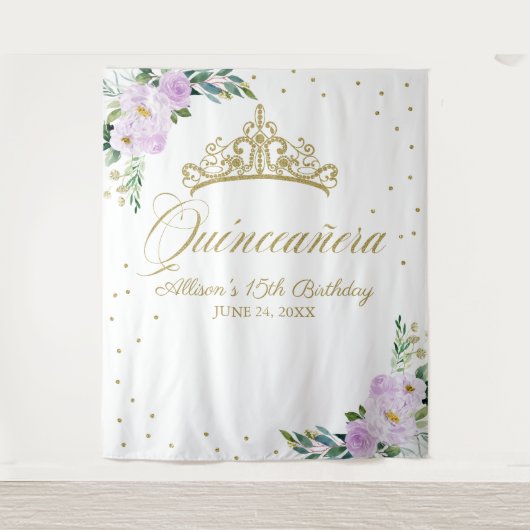 キンセアニェラ金ゴールドティアラ薄紫フローラ背景 タペストリー (正面)