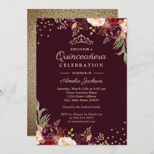 キンセアニェラ金ゴールドブルゴーニュフローラスパークル 招待状 (正面/裏面)