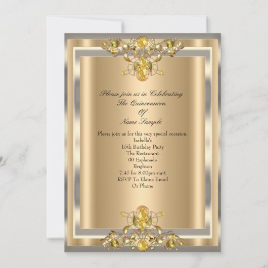 キンセアニェラ金ゴールドベージュイエロージェム15誕生日 招待状 (裏面)