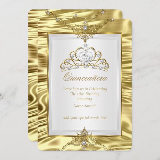 キンセアニェラ金ゴールドホイルフェイクホワイトパールティアラ 招待状 (正面/裏面)