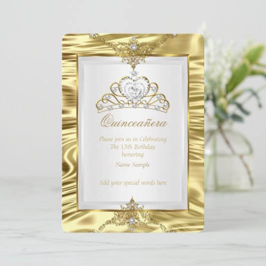 キンセアニェラ金ゴールドホイルフェイクホワイトパールティアラ 招待状 (スタンド正面)