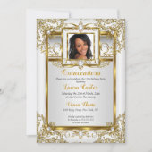 キンセアニェラ金ゴールドホワイトパールダマスクフォト誕生日 招待状 (正面)