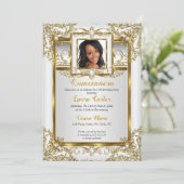 キンセアニェラ金ゴールドホワイトパールダマスクフォト誕生日 招待状 (スタンド正面)