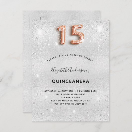 キンセアニェラ銀金属バラ金ゴールドグリッターダスト インビテーションポストカード (正面/裏面)