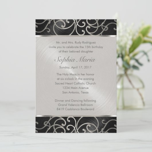 キンセアニェラ黒銀のフィリグリーの渦巻き 招待状 (スタンド正面)