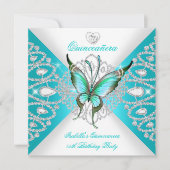 キンセアニェラ15かわいらしティール(緑がかった色)ブルーバタフライティアラ 招待状 (正面)