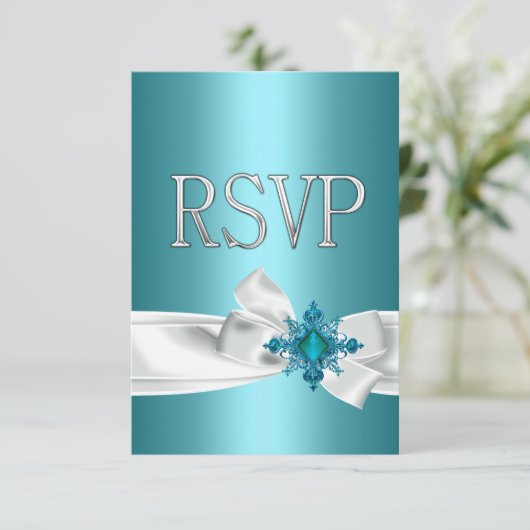 キンセアニェラ15ティール（緑がかった色）ブルーシルバーホワイトボウRSVP 招待状 (スタンド正面)