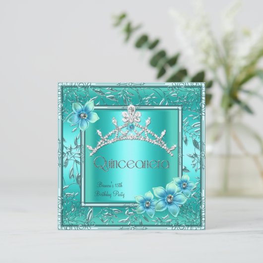 キンセアニェラ15ティール（緑がかった色）ブルーフラワーシルバーティアラ 招待状 (スタンド正面)