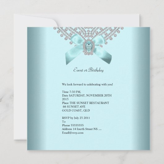 キンセアニェラ15ティール（緑がかった色）ブルーホワイトダイヤフェイクモンド 招待状 (裏面)