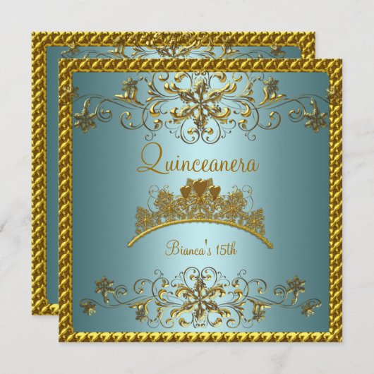 キンセアニェラ15ティール（緑がかった色）ブルー金ゴールドティアラ 招待状 (正面/裏面)