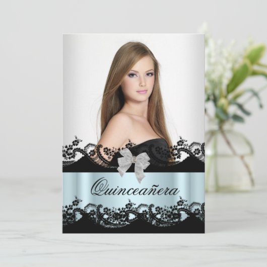 キンセアニェラ15ティール（緑がかった色）白黒レース写真 招待状 (スタンド正面)