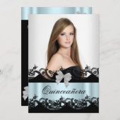 キンセアニェラ15ティール（緑がかった色）白黒レース写真 招待状 (正面/裏面)