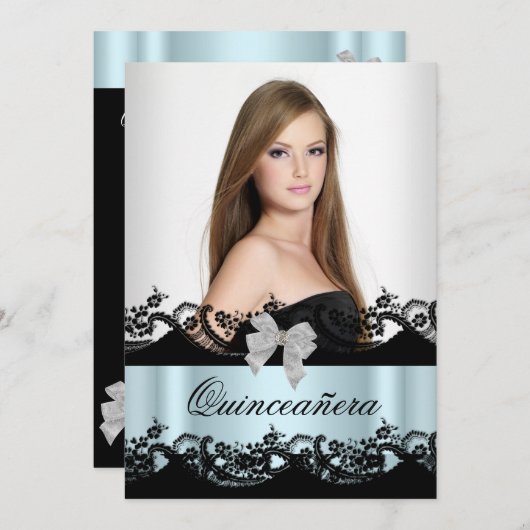 キンセアニェラ15ティール（緑がかった色）白黒レース写真 招待状 (正面/裏面)