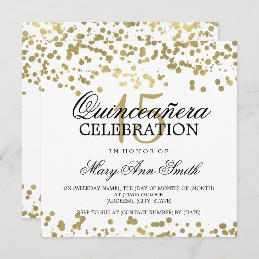 キンセアニェラ15バースデーパーティーゴールドフォイル紙吹雪 招待状 (正面/裏面)