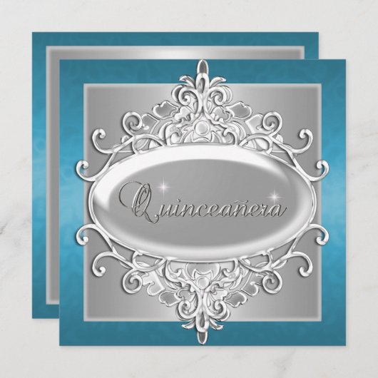 キンセアニェラ15バースデーパーティーシルバーブルーグリッター 招待状 (正面/裏面)