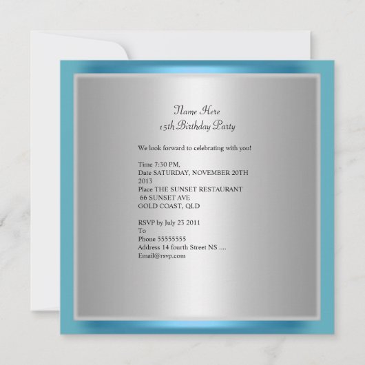 キンセアニェラ15バースデーパーティーシルバーブルーグリッター 招待状 (裏面)