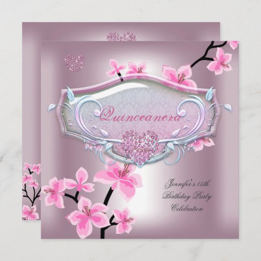 キンセアニェラ15バースデーパーティーピかわいらしンクフローラ 招待状 (正面/裏面)