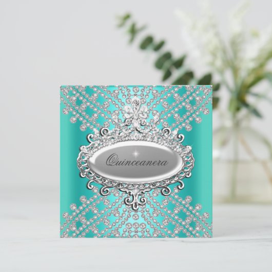 キンセアニェラ15パーティーティール（緑がかった色）ブルーホワイトダイヤモンド 招待状 (スタンド正面)