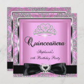 キンセアニェラ15パーティーピンクダマスクシルバーブラック 招待状 (正面/裏面)