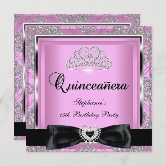 キンセアニェラ15パーティーピンクダマスクシルバーブラック 招待状 (正面/裏面)
