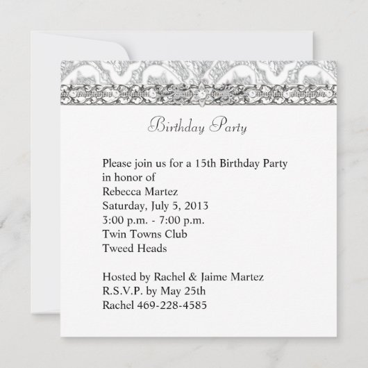 キンセアニェラ15パーティー白黒ダマスクダイヤモンド 招待状 (裏面)