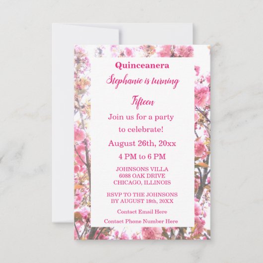 キンセアニェラ15分誕生日ピンクさくらんぼフローラ 招待状 (正面)