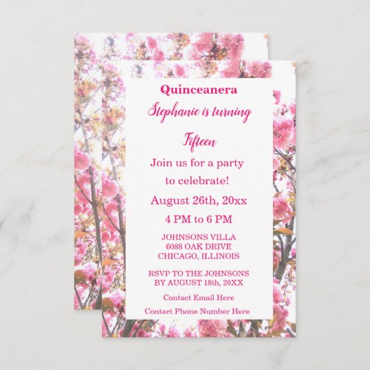 キンセアニェラ15分誕生日ピンクさくらんぼフローラ 招待状 (正面/裏面)