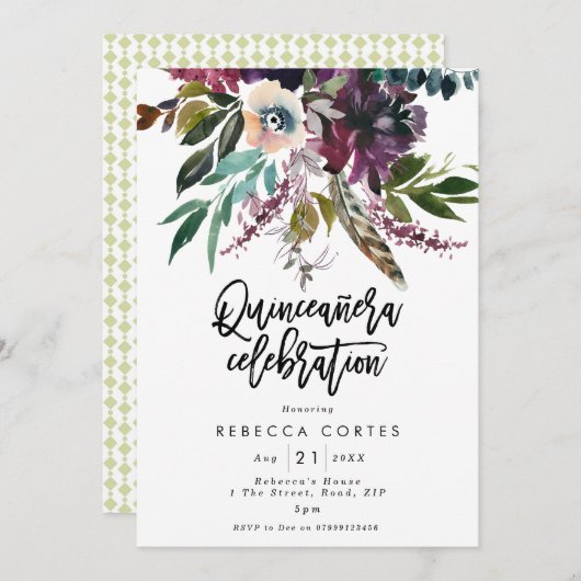 キンセアニェラ15歳の誕生日の羽フローラ 招待状 (正面/裏面)