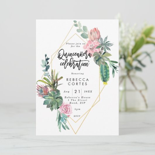 キンセアニェラ15歳の誕生日サボテンの幾何学 招待状 (スタンド正面)