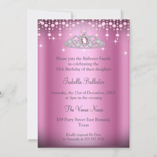 キンセアニェラ15誕生日かわいらしピンクドレスティアラ 招待状 (裏面)