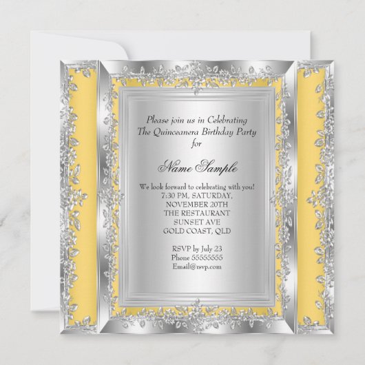 キンセアニェラ15誕生日イエローシルバーシューズ2 招待状 (裏面)