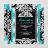 キンセアニェラ15誕生日ティール(緑がかった色)パールシルバーブラック 招待状 (正面/裏面)