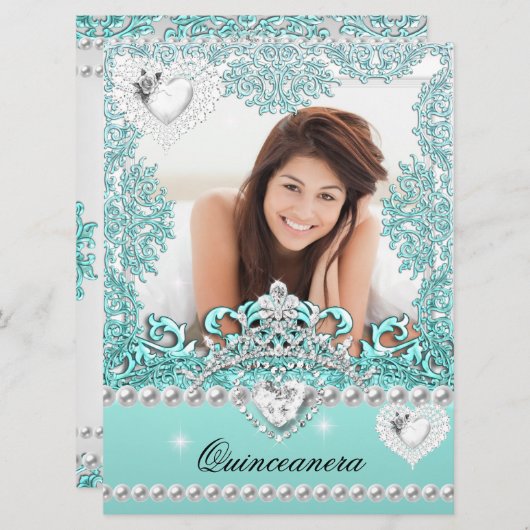 キンセアニェラ15誕生日ティール(緑がかった色)ブルーシルバーホワイト 招待状 (正面/裏面)