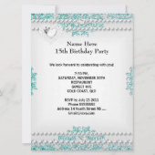 キンセアニェラ15誕生日ティール(緑がかった色)ブルーシルバーホワイト 招待状 (裏面)