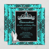 キンセアニェラ15誕生日ティール（緑がかった色）ブルーブラックレース 招待状 (正面/裏面)