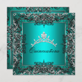 キンセアニェラ15誕生日ティール（緑がかった色）ブルーブラックレース 招待状 (正面/裏面)