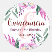 キンセアニェラ15誕生日パーティーのメールのピンクのフローラ ラウンドシール (正面)