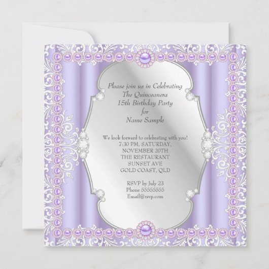 キンセアニェラ15誕生日パールパープルシルバー 招待状 (裏面)