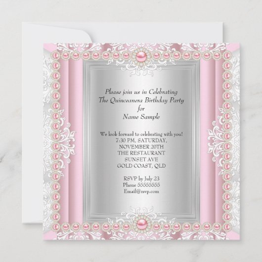 キンセアニェラ15誕生日パールライトピンクヒール 招待状 (裏面)