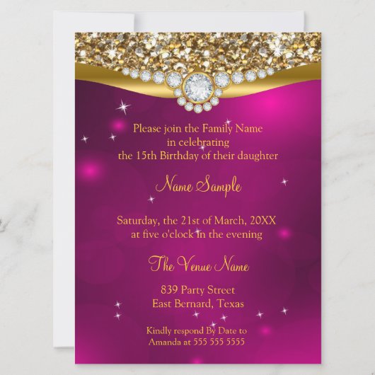 キンセアニェラ15誕生日ピンクグリッター金ゴールド 招待状 (裏面)