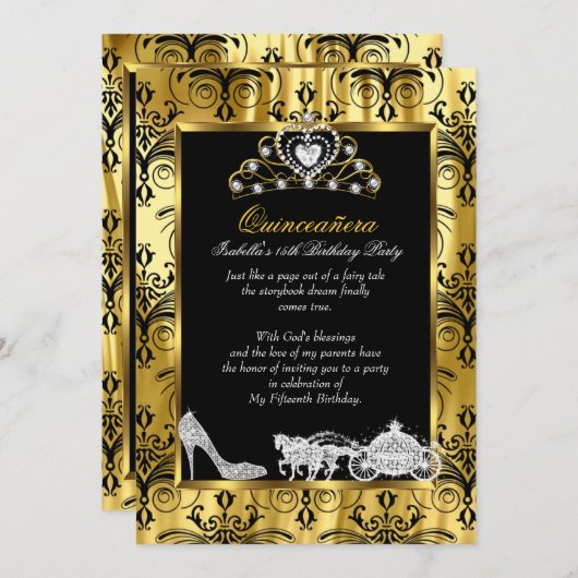 キンセアニェラ15誕生日ブラック金ゴールドダマスク2 招待状 (正面/裏面)
