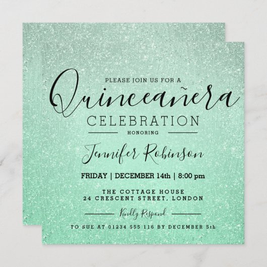 キンセアニェラ15誕生日ミントグリッタールック絵を描ー 招待状 (正面/裏面)