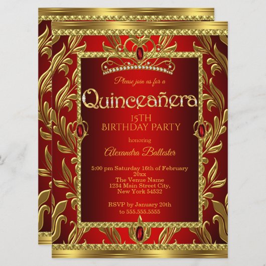 キンセアニェラ15誕生日レッドルビージュエルティアラ金ゴールド 招待状 (正面/裏面)